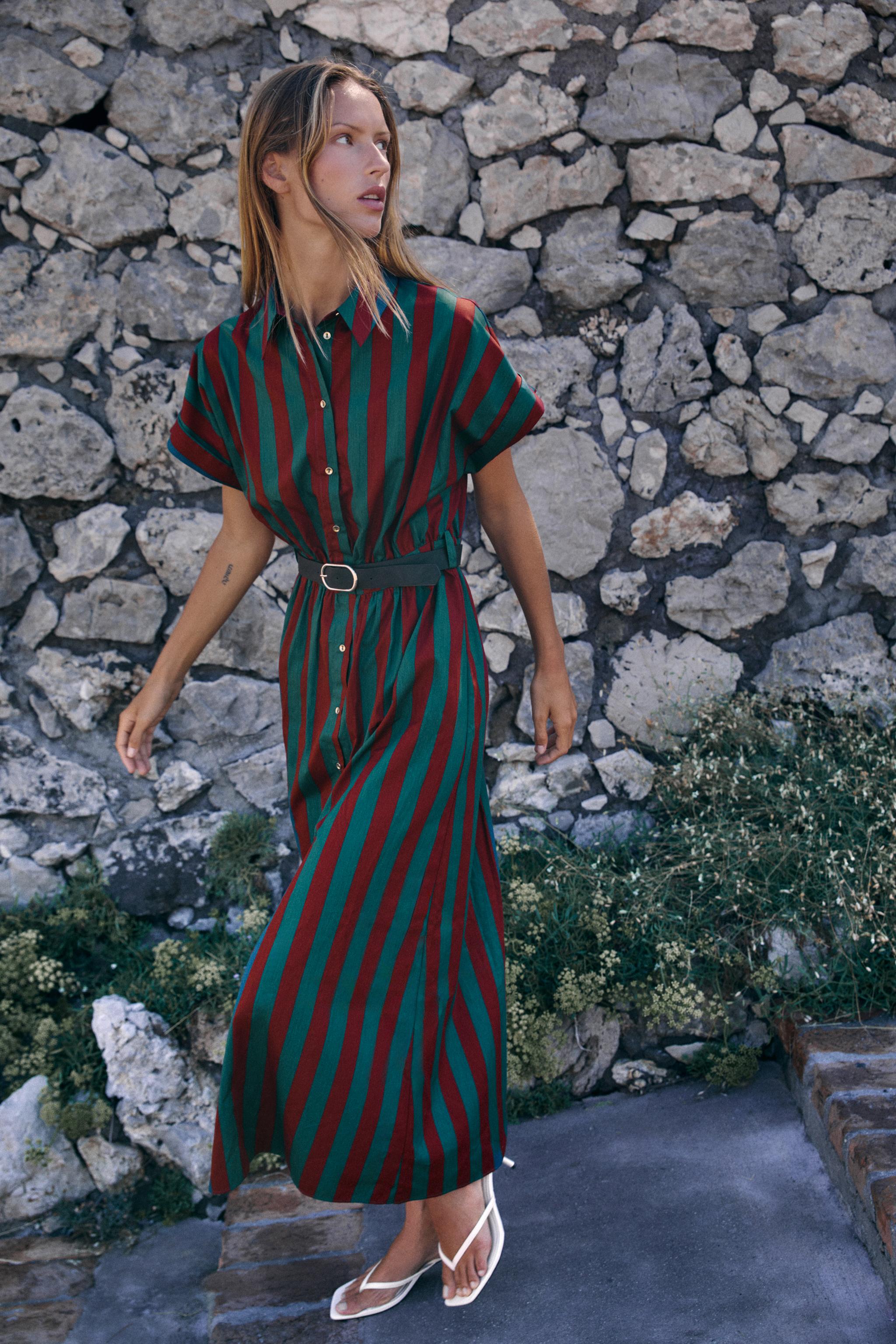 ROBE CHEMISE MI-LONGUE À RAYURES ET CEINTURE